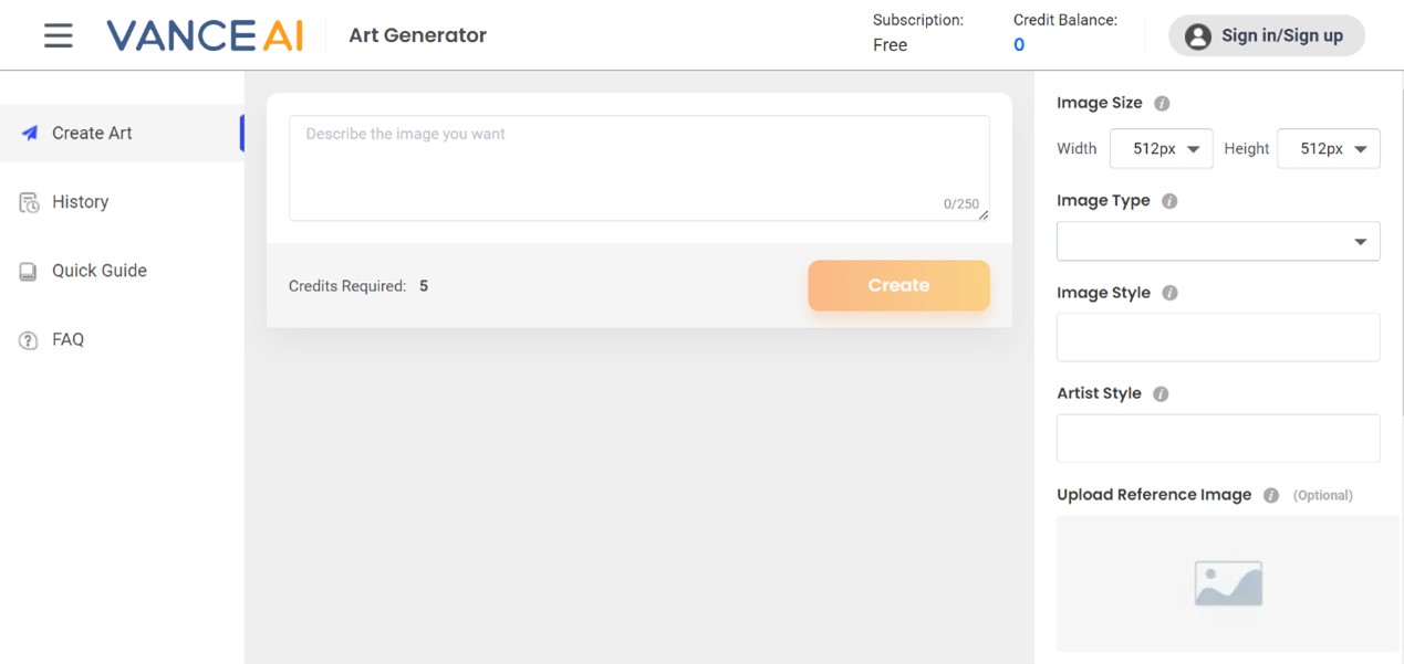 VanceAI Art Generator workspace